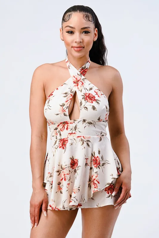 PJ10467N-W / FLORAL SMOCKED HALTER KEYHOLE RUFFLED ROMPER sold by privy