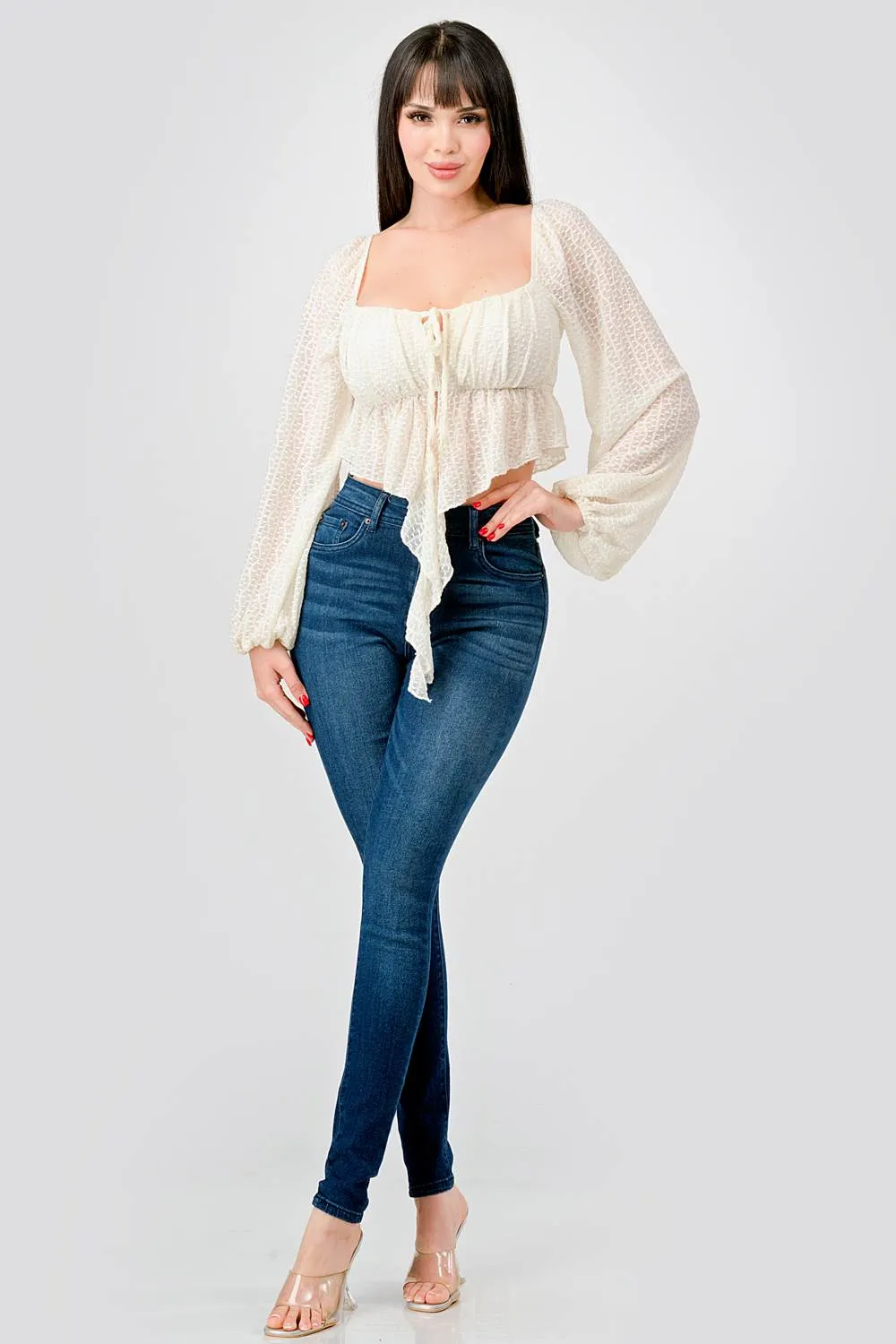 STRETCH LACE RUCHED SQUARE NECK RUFFLE DRAP TOP sold by privy product image thumbnail 4