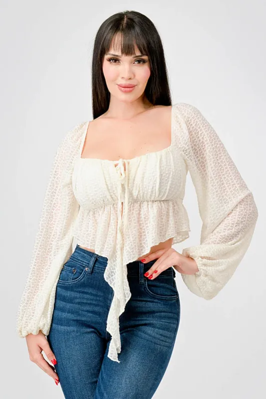 STRETCH LACE RUCHED SQUARE NECK RUFFLE DRAP TOP sold by privy