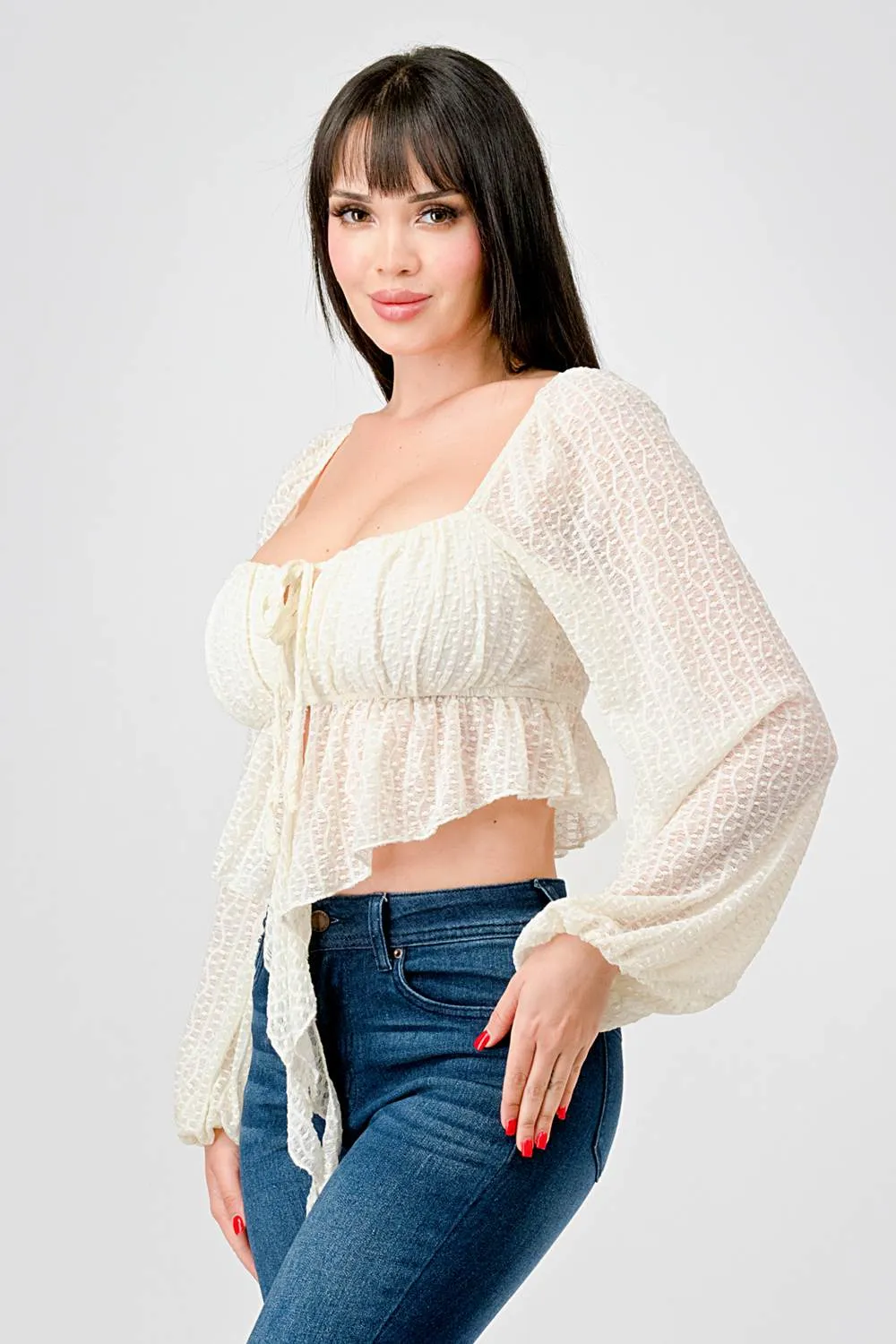 STRETCH LACE RUCHED SQUARE NECK RUFFLE DRAP TOP sold by privy product image thumbnail 2