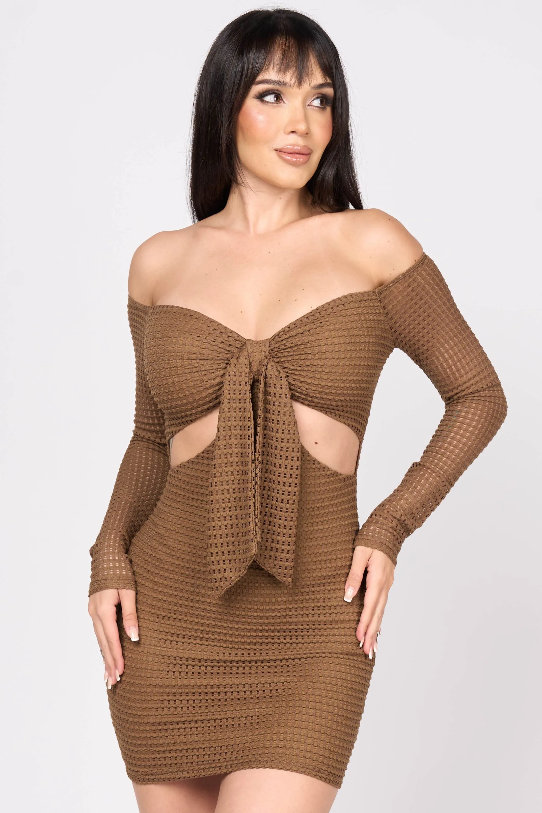 OFF SHOULDER SWEETHEART KNOT DRAPED MINI DRESS sold by privy