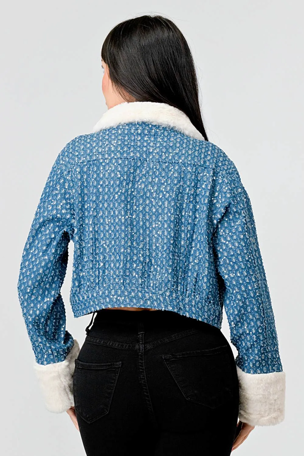 FUZZY FUR TRIM DENIM SEQUINS BUTTON DOWN JACKET sold by privy product image thumbnail 4