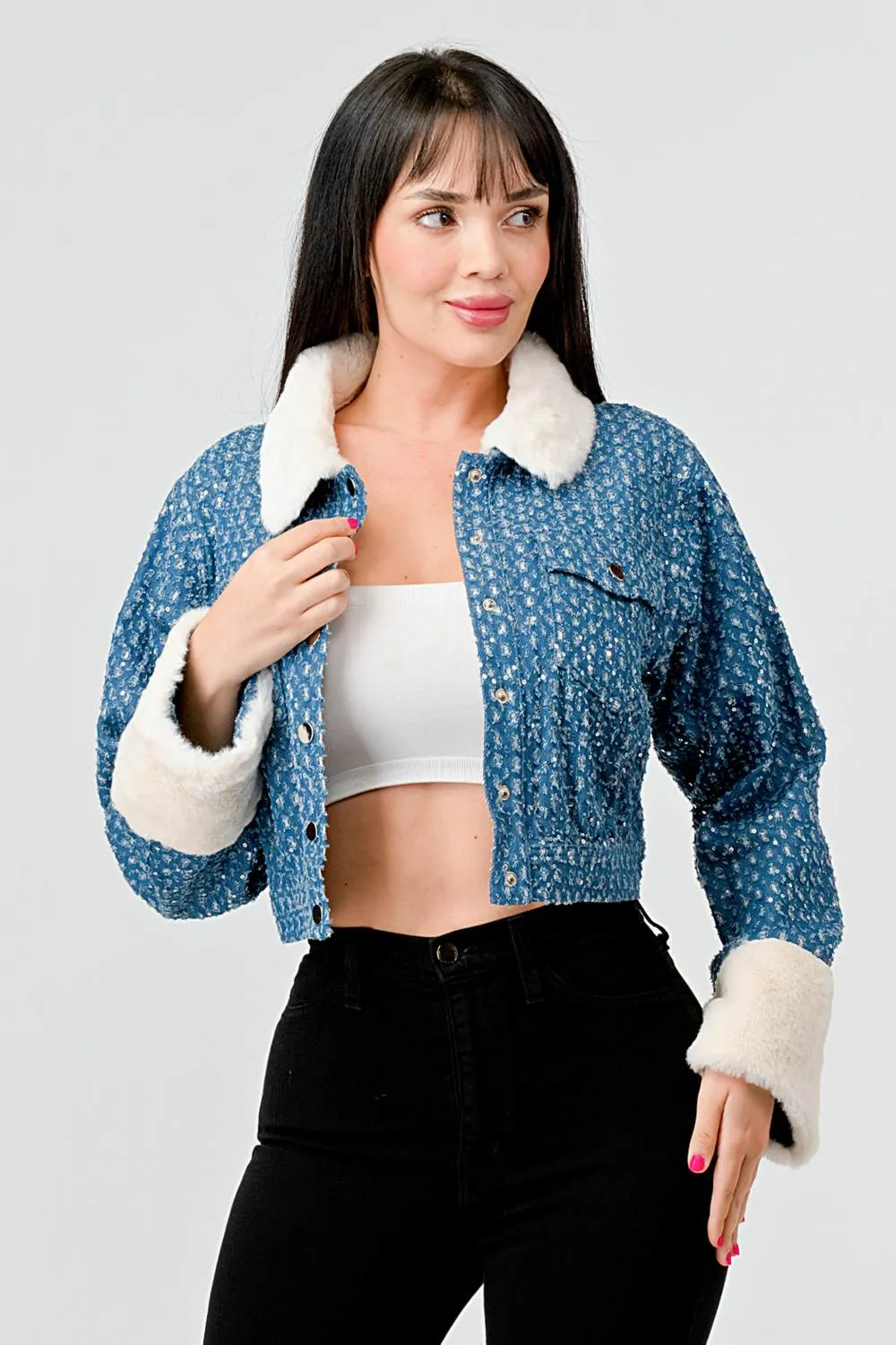 FUZZY FUR TRIM DENIM SEQUINS BUTTON DOWN JACKET sold by privy