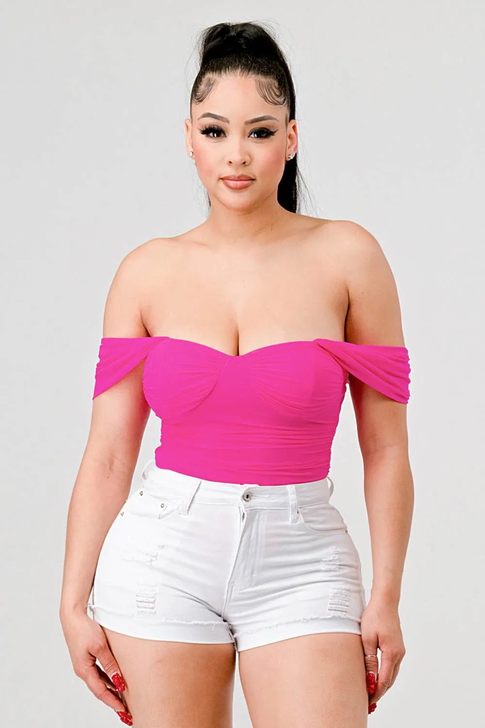 LUXE MESH OFF DROP SHOULDER SWEETHEART BODYSUIT sold by privy