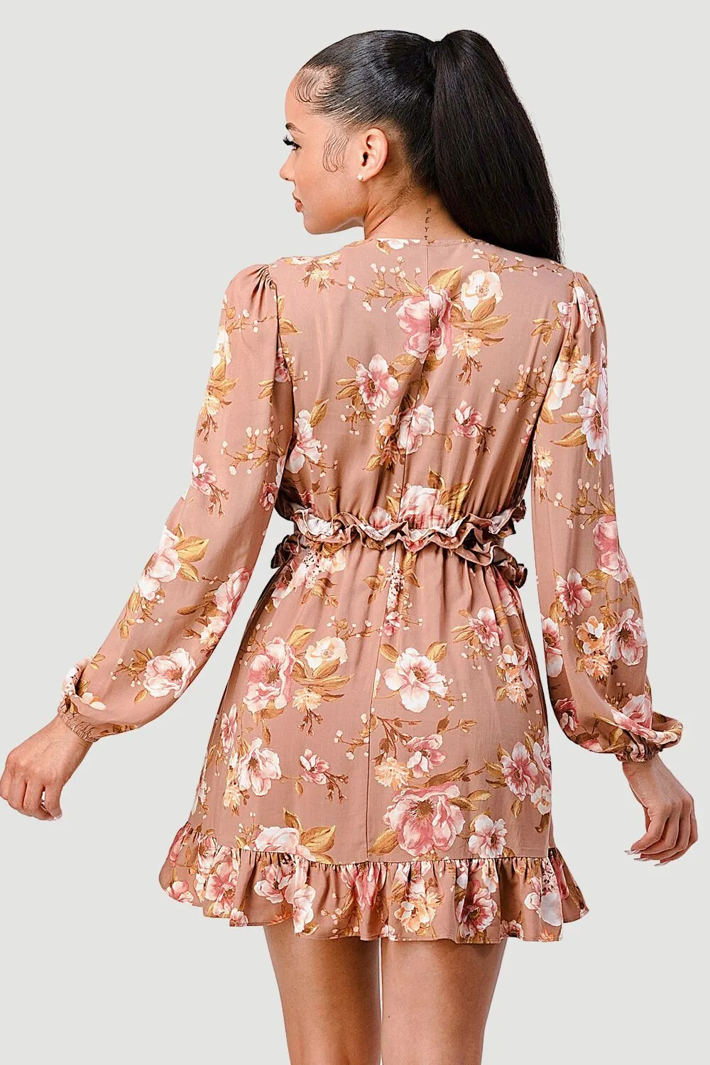 PD71828N / FLORAL CHIFFON V-NECK SIDE CUT-OUT RUFFLED DRESS sold by privy product image thumbnail 3