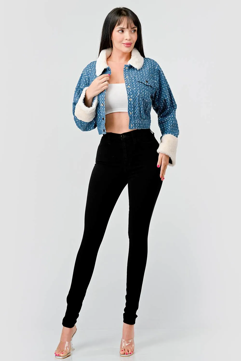 FUZZY FUR TRIM DENIM SEQUINS BUTTON DOWN JACKET sold by privy product image thumbnail 5