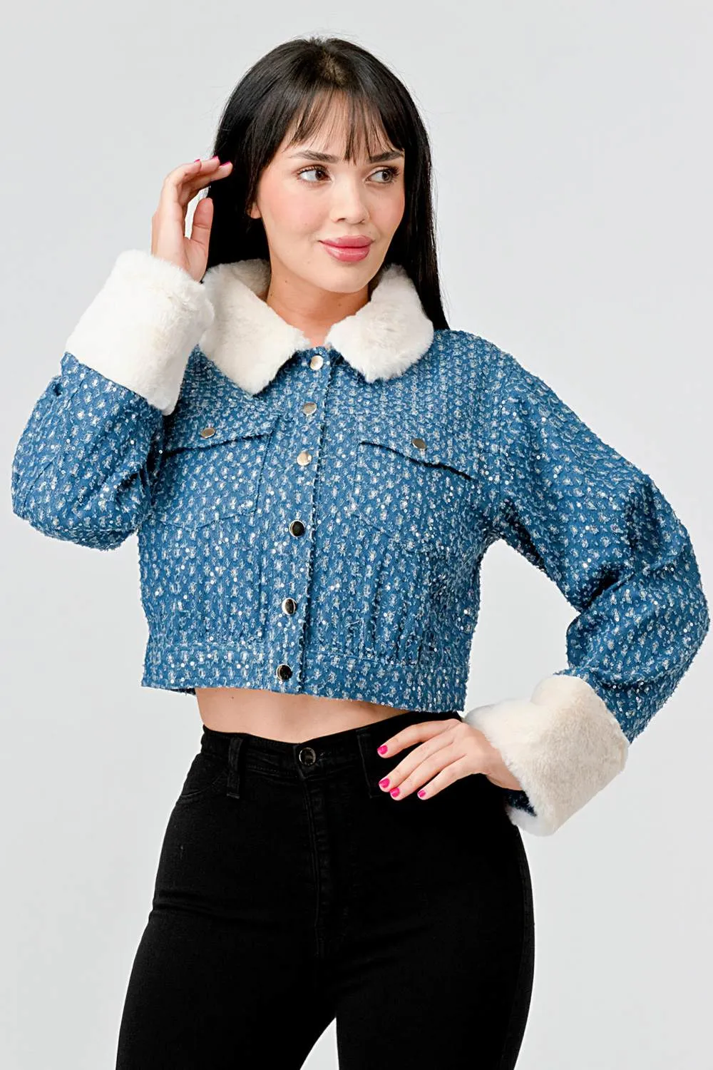 FUZZY FUR TRIM DENIM SEQUINS BUTTON DOWN JACKET sold by privy product image thumbnail 2