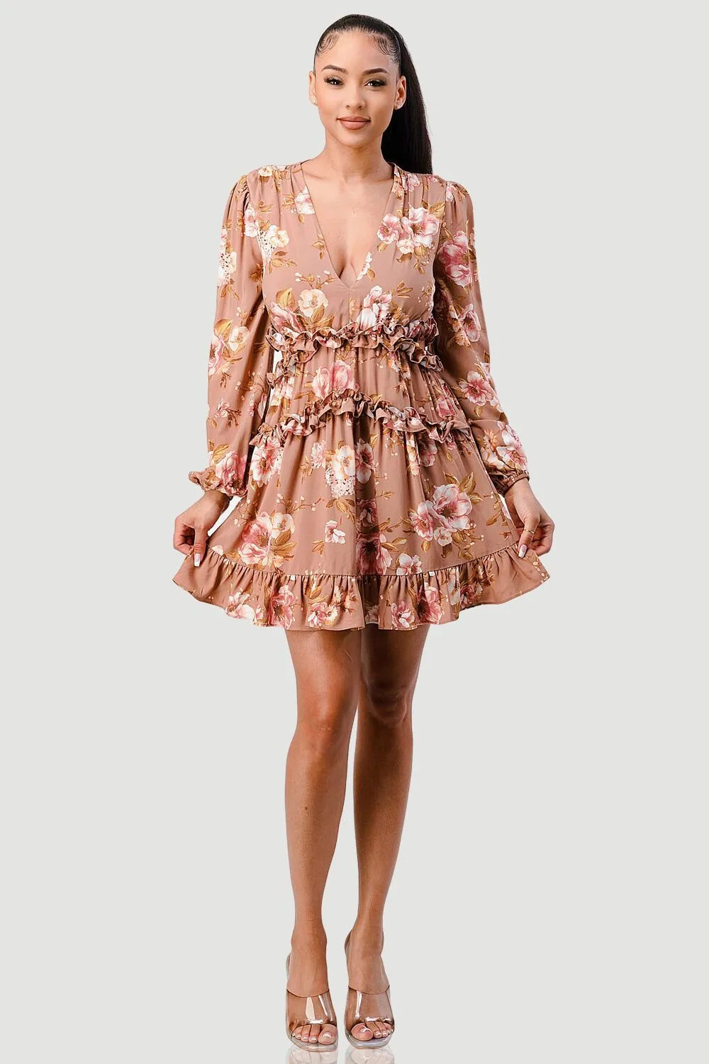 PD71828N / FLORAL CHIFFON V-NECK SIDE CUT-OUT RUFFLED DRESS sold by privy product image thumbnail 4