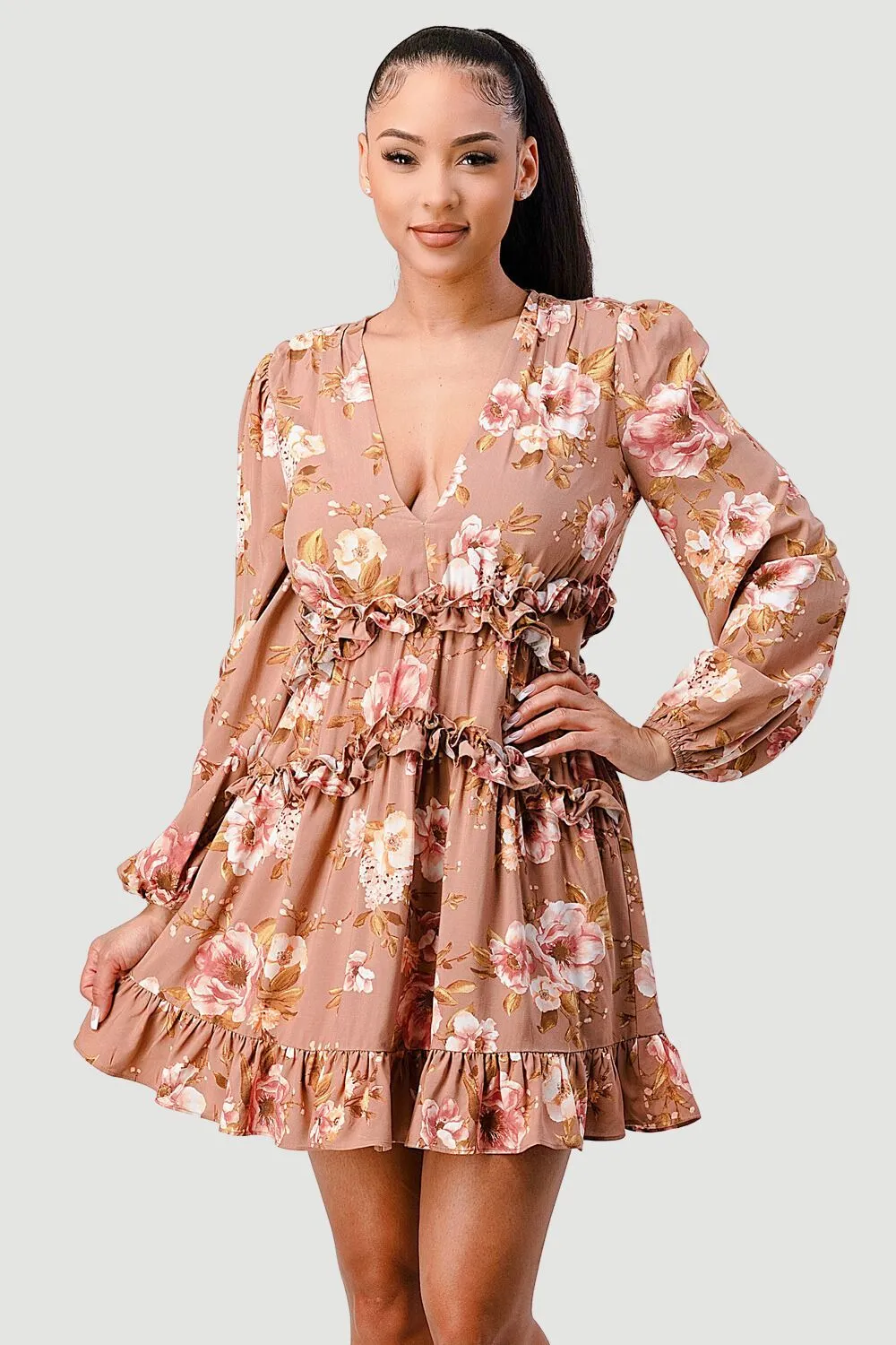 PD71828N / FLORAL CHIFFON V-NECK SIDE CUT-OUT RUFFLED DRESS sold by privy