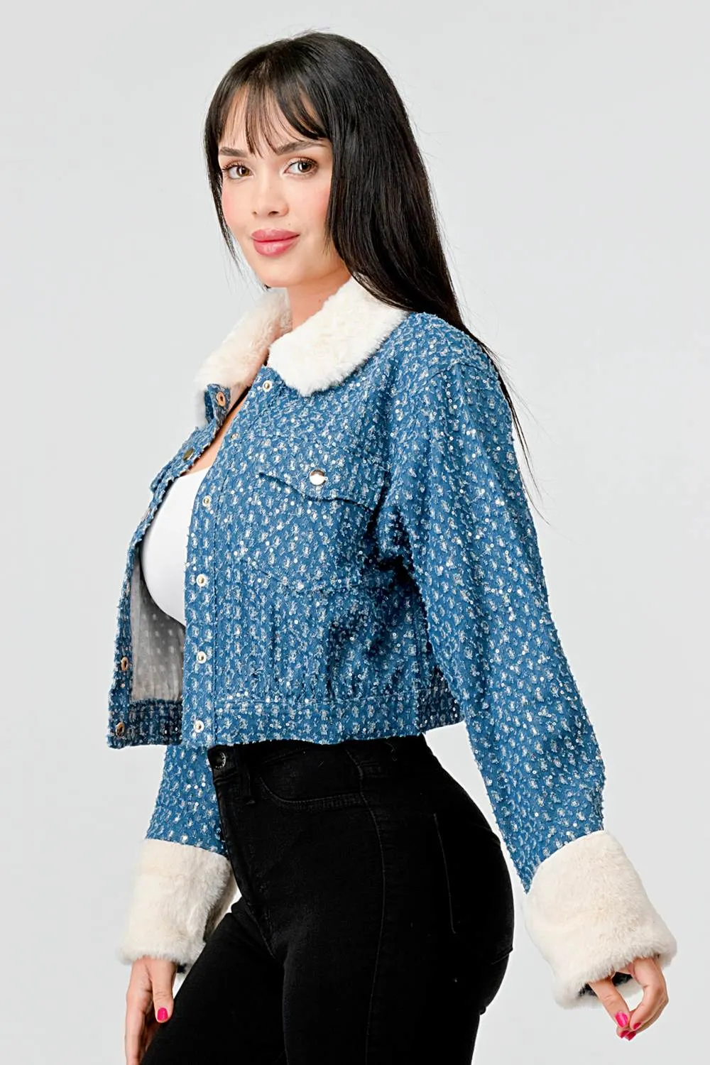FUZZY FUR TRIM DENIM SEQUINS BUTTON DOWN JACKET sold by privy product image thumbnail 3