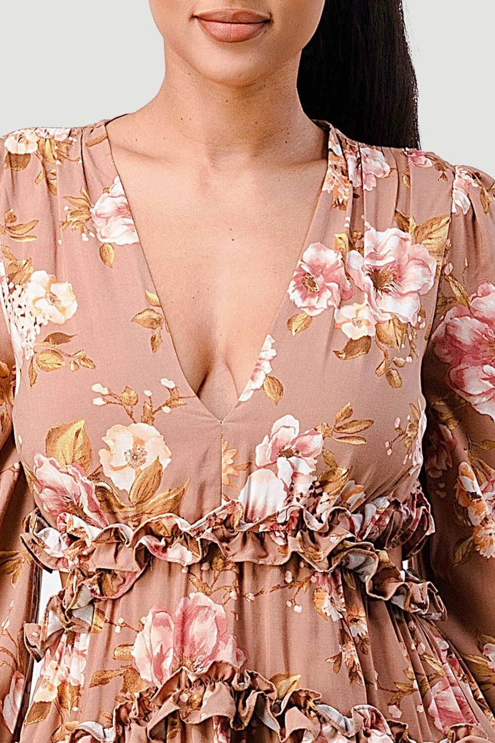 PD71828N / FLORAL CHIFFON V-NECK SIDE CUT-OUT RUFFLED DRESS sold by privy product image thumbnail 5