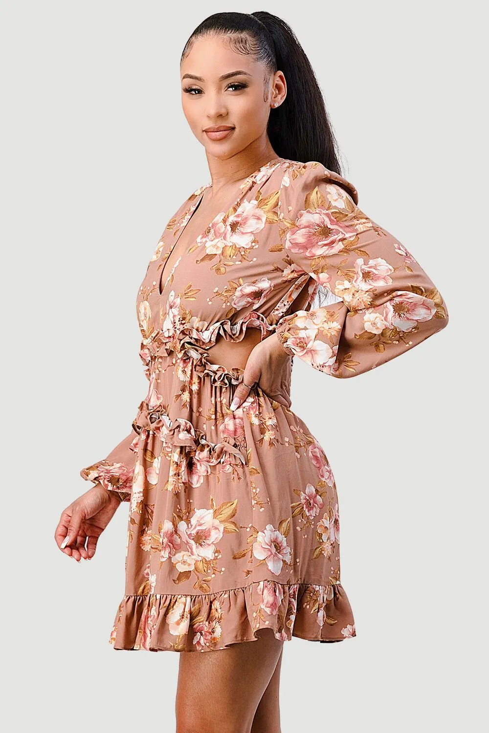 PD71828N / FLORAL CHIFFON V-NECK SIDE CUT-OUT RUFFLED DRESS sold by privy product image thumbnail 2