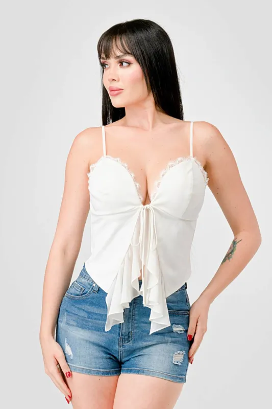 LACE TRIM SWEETHEART DRAWSTRING BOW TIE CAMI TOP sold by privy