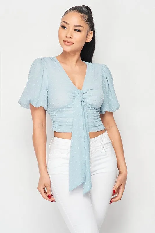 PT40754N / DOT CHIFFON PUFF SLEEVE FRONT TIE BLOUSE TOP sold by privy product image thumbnail 5