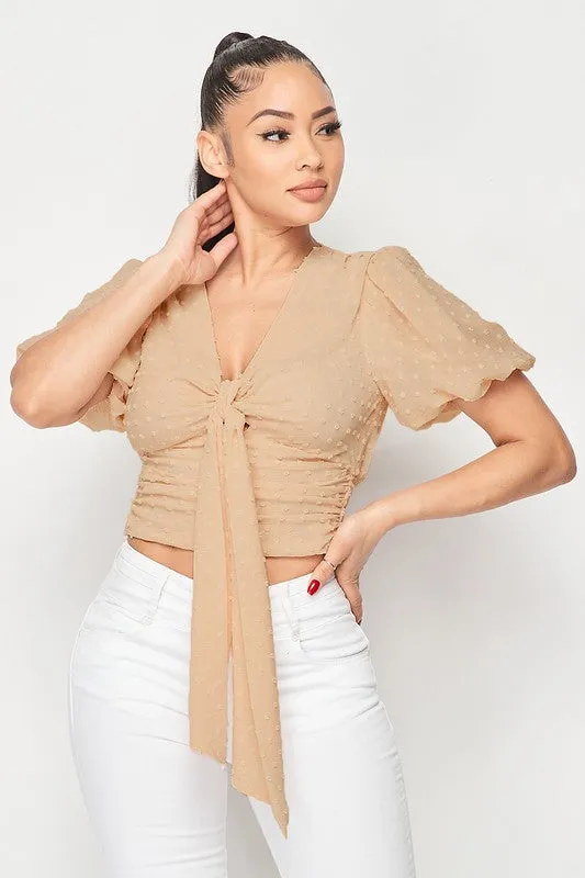 PT40754N / DOT CHIFFON PUFF SLEEVE FRONT TIE BLOUSE TOP sold by privy product image thumbnail 2