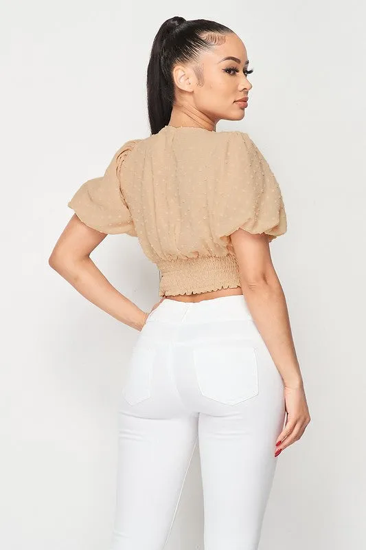 PT40754N / DOT CHIFFON PUFF SLEEVE FRONT TIE BLOUSE TOP sold by privy product image thumbnail 3