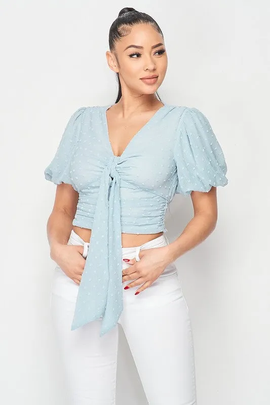 PT40754N / DOT CHIFFON PUFF SLEEVE FRONT TIE BLOUSE TOP sold by privy product image thumbnail 4