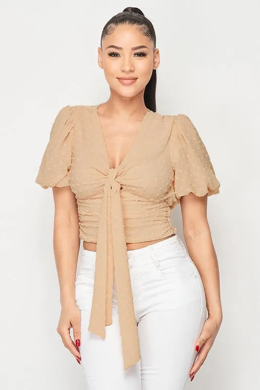 PT40754N / DOT CHIFFON PUFF SLEEVE FRONT TIE BLOUSE TOP sold by privy