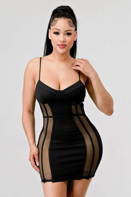 SEXY CREPE NUDE ILLUSION SIDE PANELS MINI DRESS sold by privy