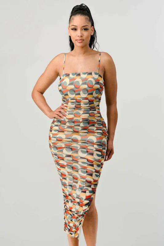 MESH PRINTED RUCHED BODYCON SIDE SLIT DRESS sold by privy