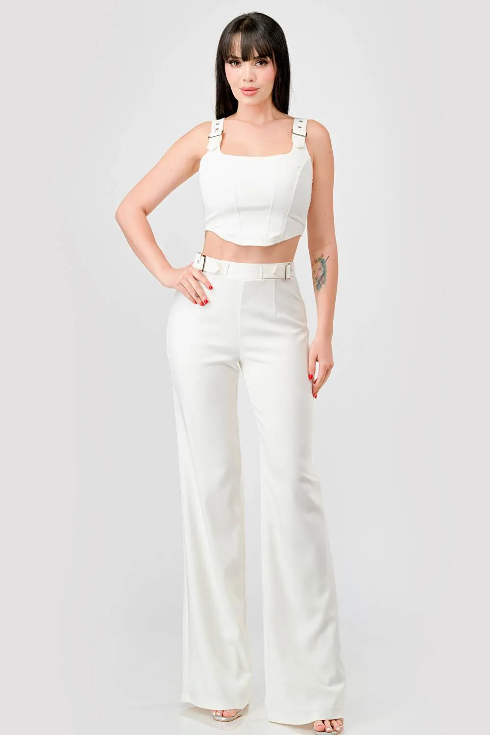 LUXE BELT STRAPS BUSTIER TOP AND FLARE PANTS SET sold by privy
