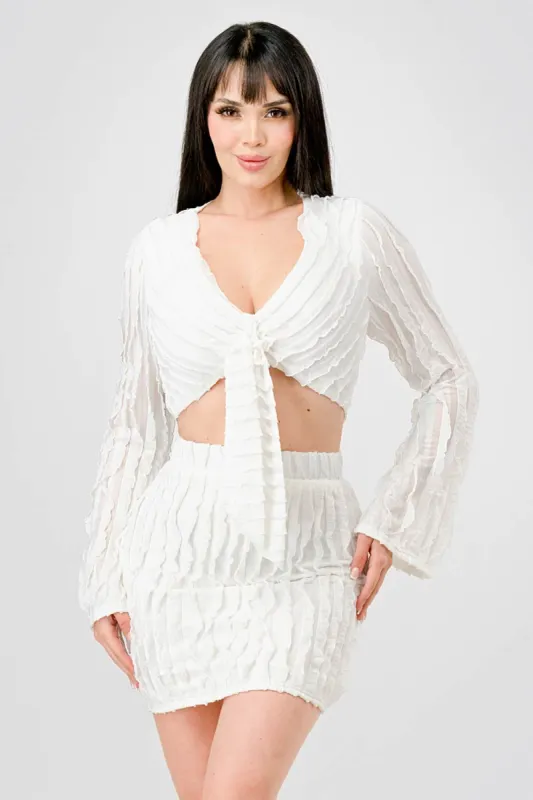 RUFFLED TEXTURED KNOT TIE CROP TOP & SKIRT SETS sold by privy