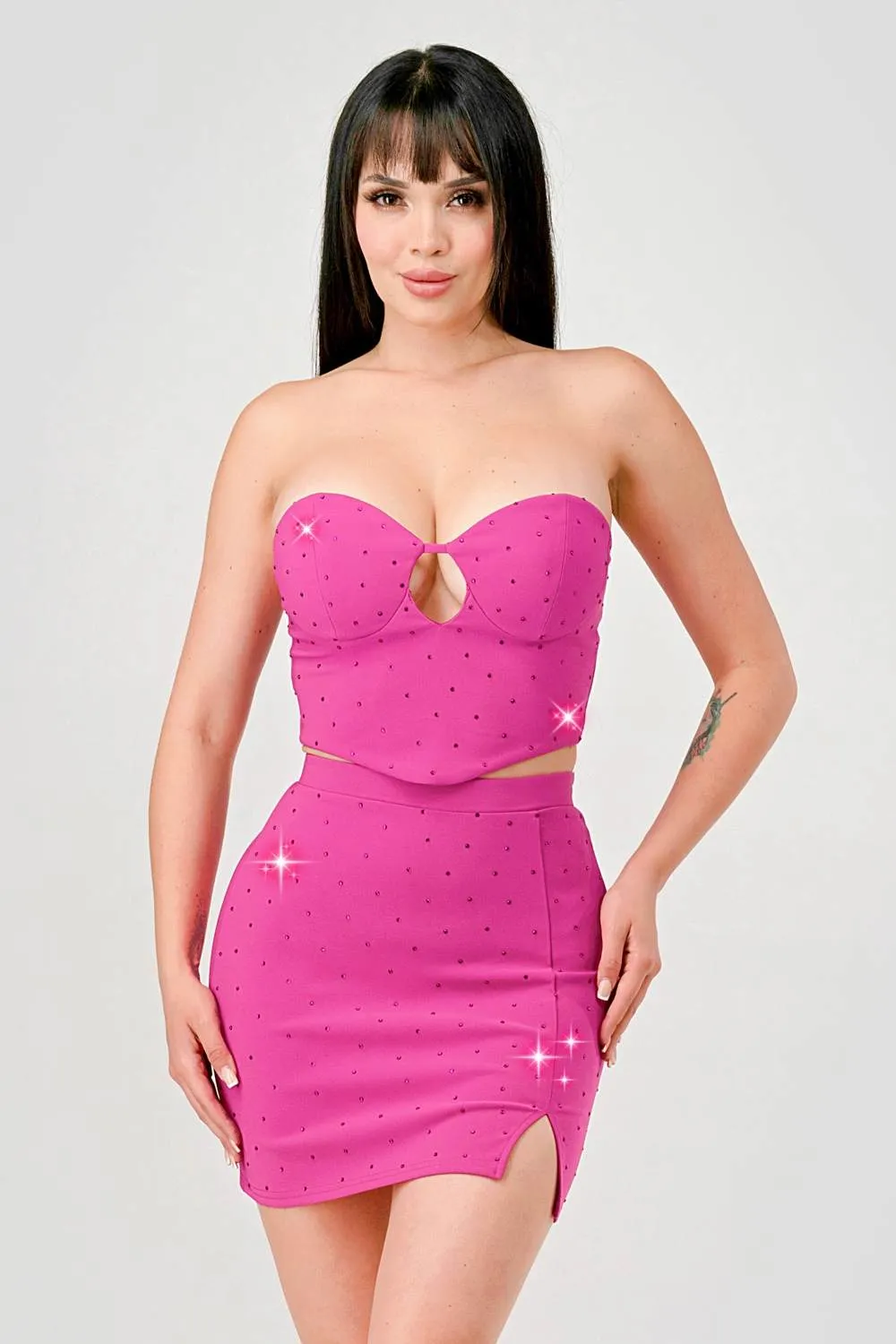 SEXY RHINESTONE HOTFIXS BUSTIER TOP & SKIRT SETS sold by privy