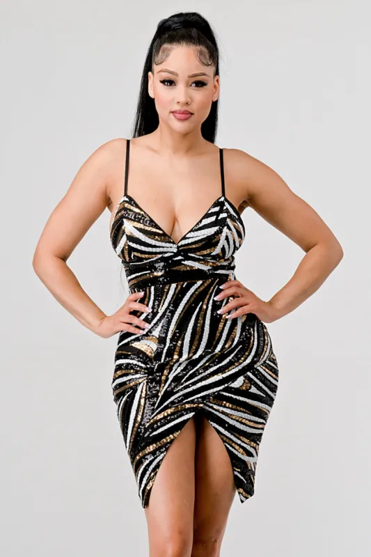 LUX ABSTRACT SWIRL SEQUINS FRONT SLIT MINI DRESS sold by privy