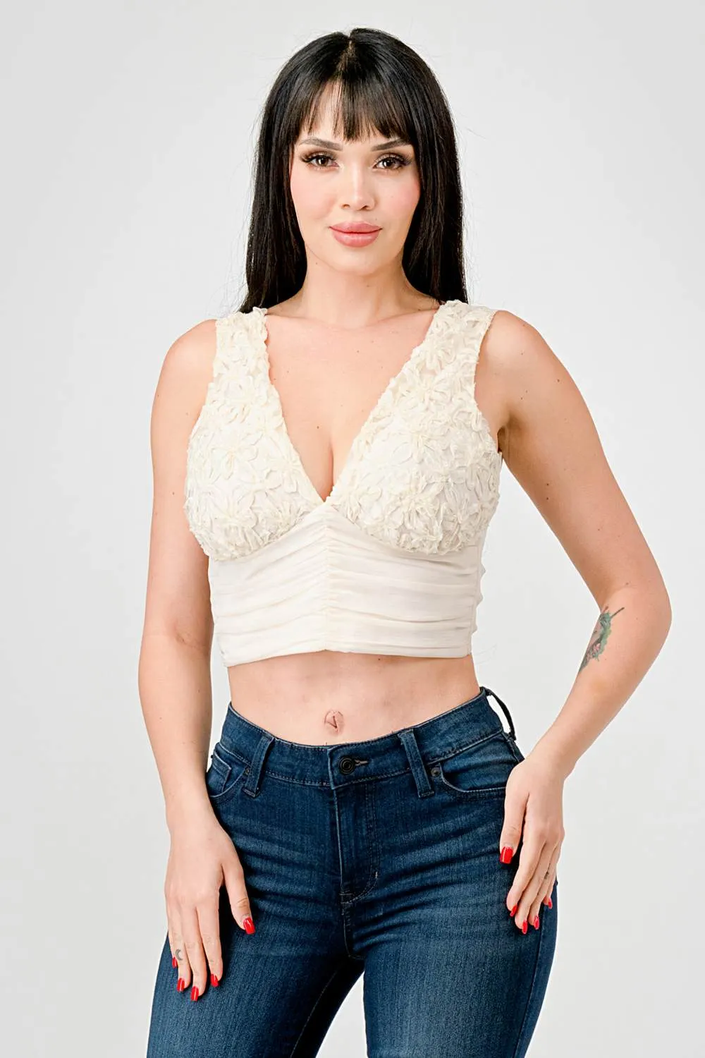 LUXE TEXTURED FLOWERS CHIFFON WAIST BACK TIE TOP sold by privy