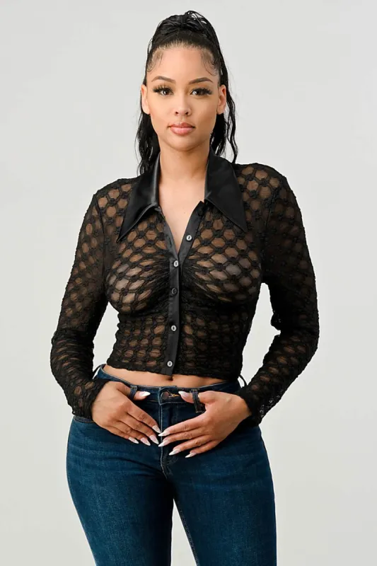 SEXY STRETCH LACE NET COLLARD BUTTON DOWN SHIRT sold by privy