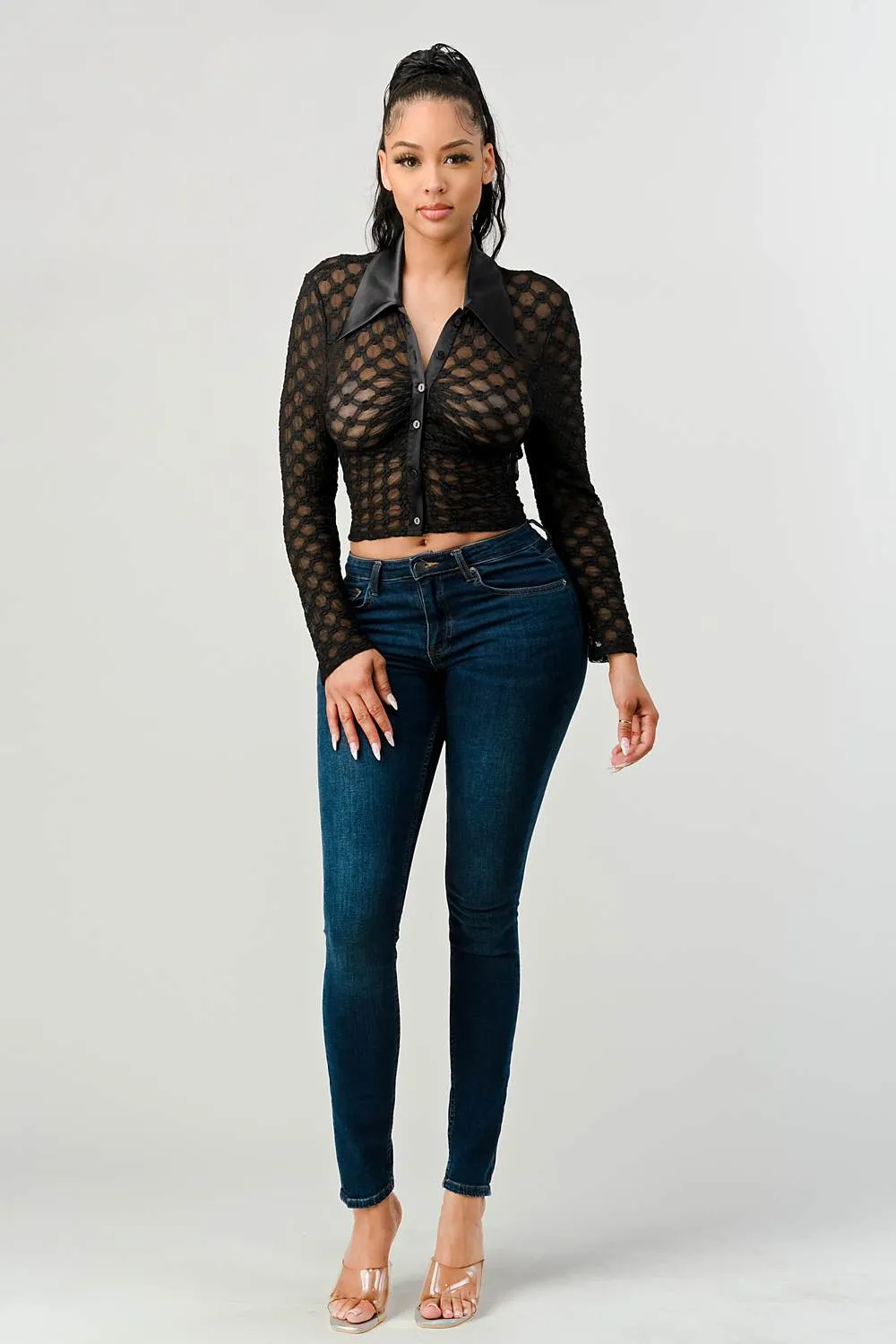 SEXY STRETCH LACE NET COLLARD BUTTON DOWN SHIRT sold by privy product image thumbnail 5