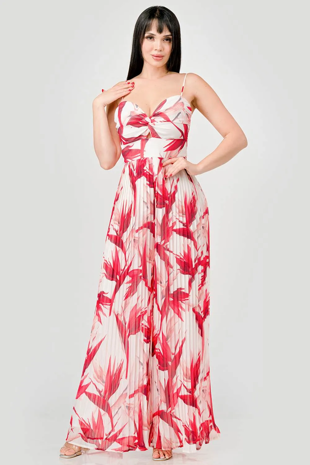 TROPICAL PRINT TEXTURED CHIFFON SMOCKED JUMPSUIT sold by privy