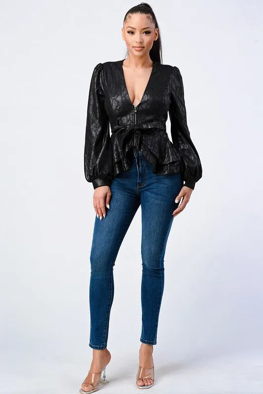 SNAKE PRINT FAUX SUEDE FRONT TIE FLARED JACKET sold by privy product image thumbnail 4