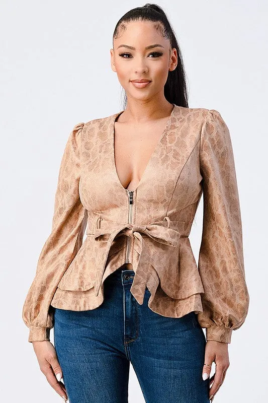 SNAKE PRINT FAUX SUEDE FRONT TIE FLARED JACKET sold by privy product image thumbnail 5