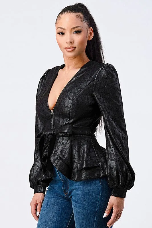 SNAKE PRINT FAUX SUEDE FRONT TIE FLARED JACKET sold by privy product image thumbnail 2