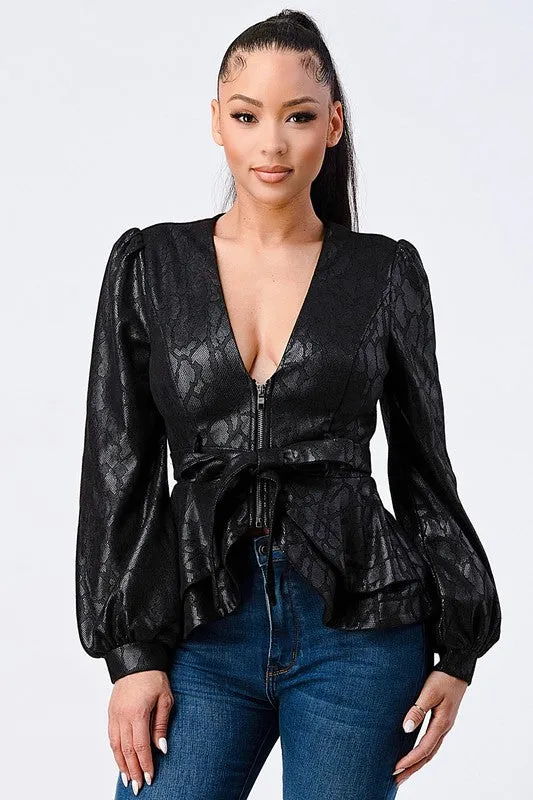 SNAKE PRINT FAUX SUEDE FRONT TIE FLARED JACKET sold by privy