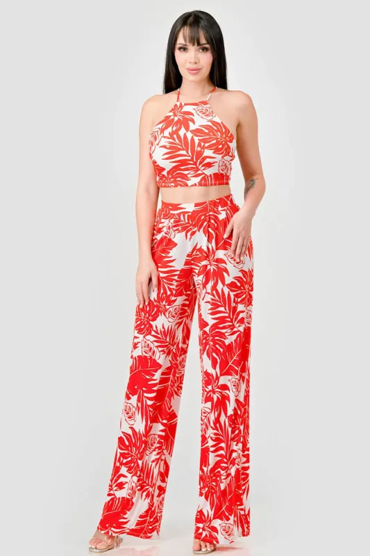 TROPICAL ITY PRINT HALTER CROPPED TOP & PANTS SET sold by privy