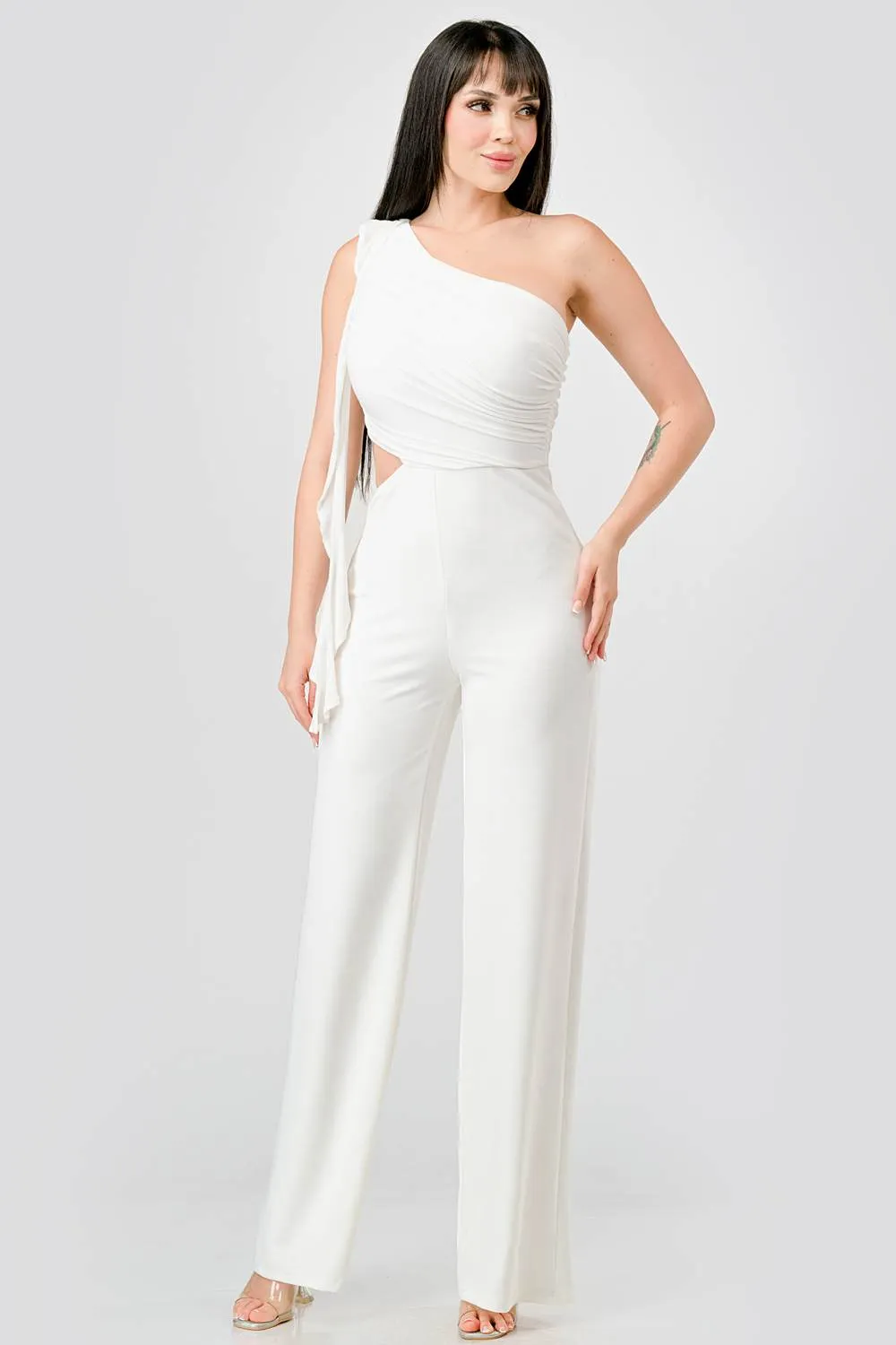 PJ11079E-W / LUXE RUFFLED DRAPE ONE SHOULDER WIDE LEGS JUMPSUIT sold by privy product image thumbnail 4