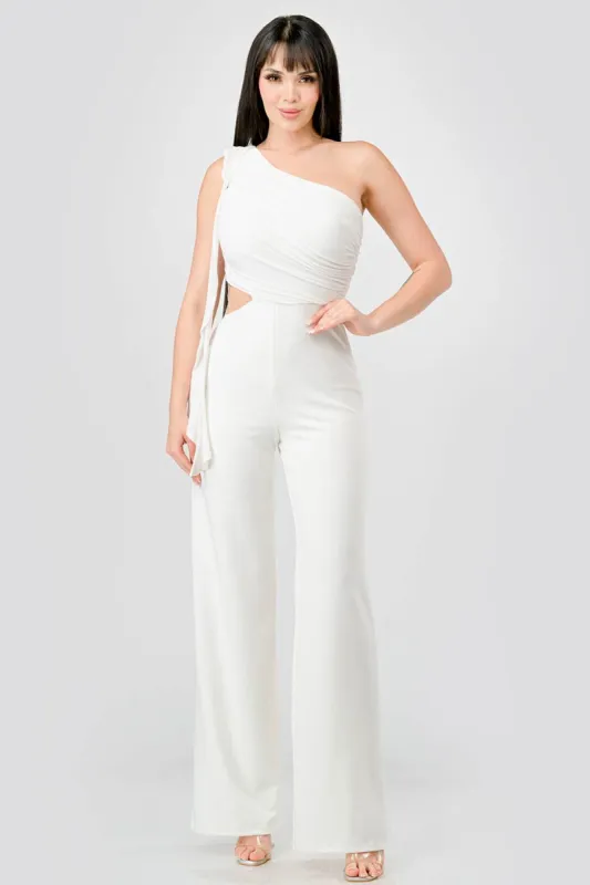 PJ11079E-W / LUXE RUFFLED DRAPE ONE SHOULDER WIDE LEGS JUMPSUIT sold by privy