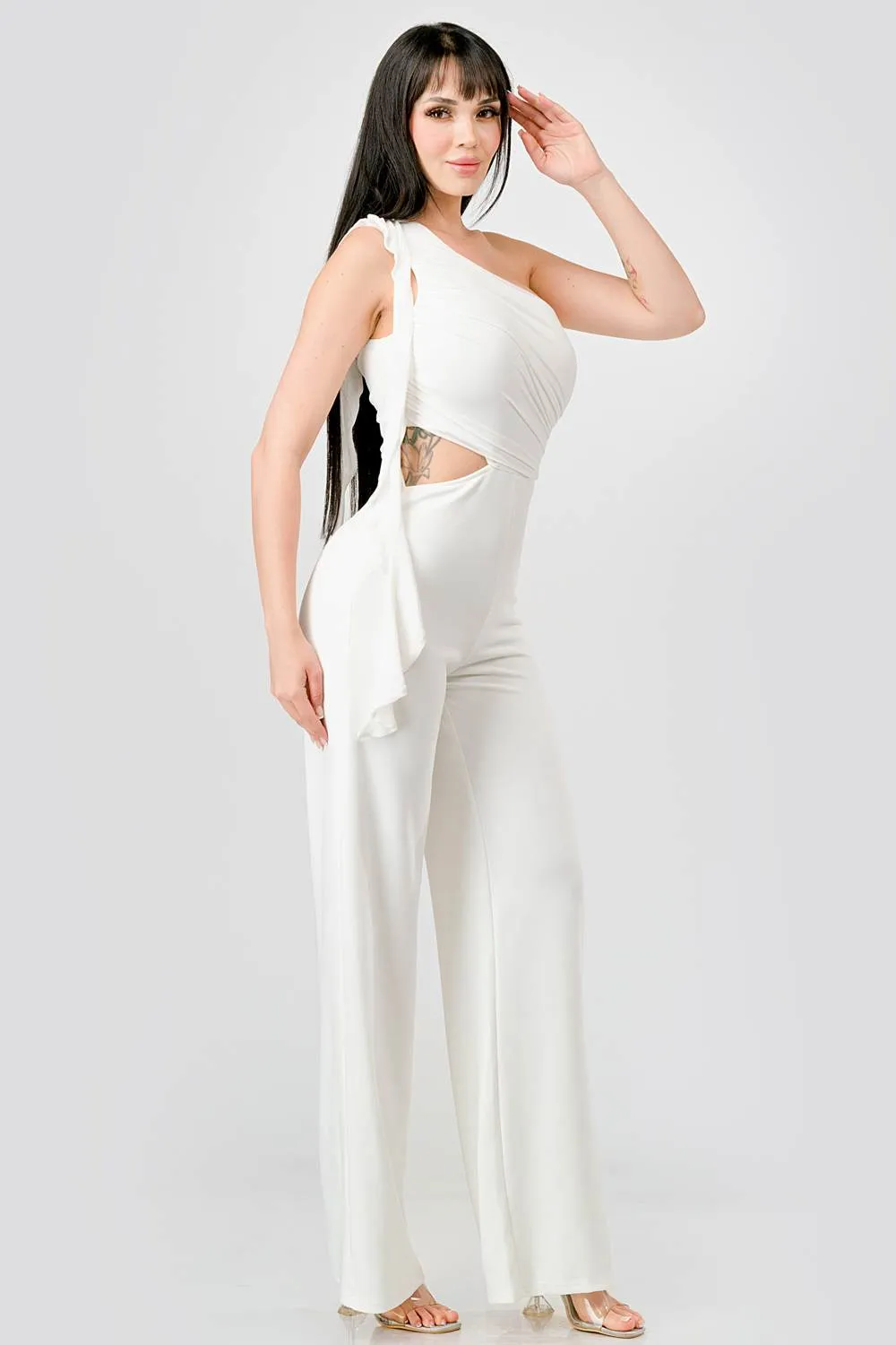 PJ11079E-W / LUXE RUFFLED DRAPE ONE SHOULDER WIDE LEGS JUMPSUIT sold by privy product image thumbnail 2