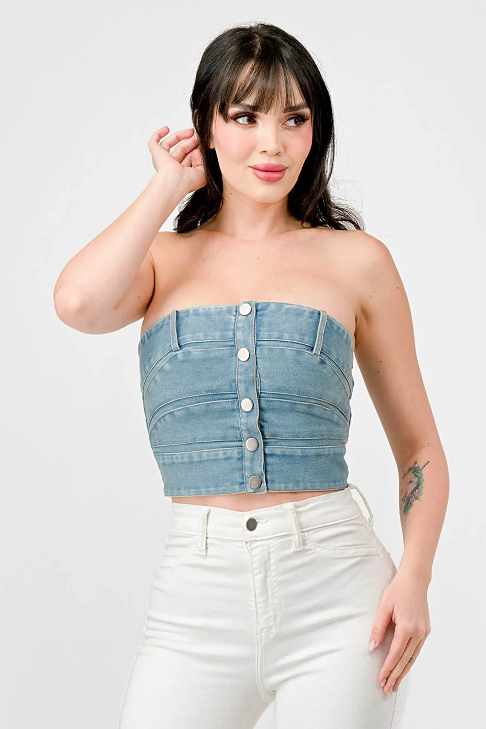 PT44226N / WASHED DENIM SMOCKED BACK BUTTON DOWN BUSTIER sold by privy