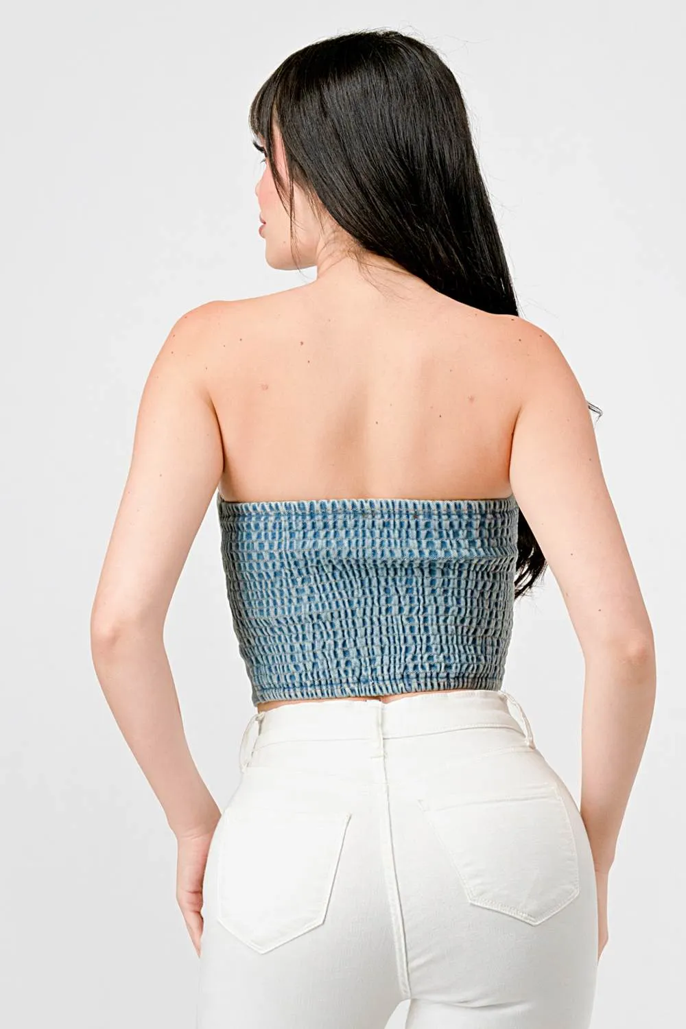 PT44226N / WASHED DENIM SMOCKED BACK BUTTON DOWN BUSTIER sold by privy product image thumbnail 5