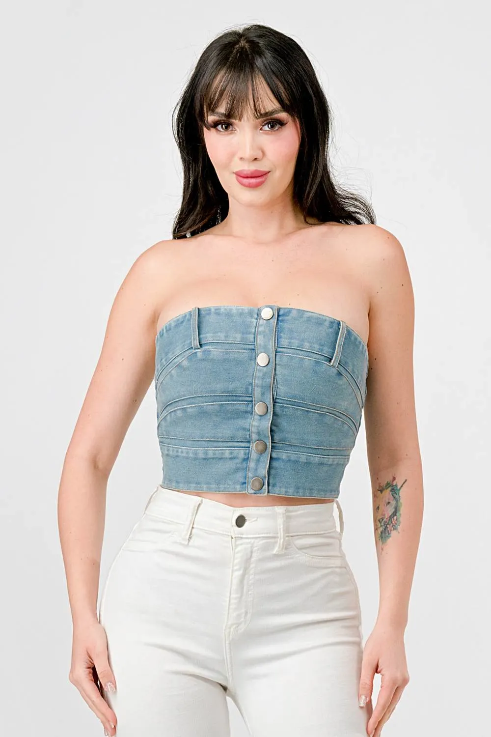 PT44226N / WASHED DENIM SMOCKED BACK BUTTON DOWN BUSTIER sold by privy product image thumbnail 2