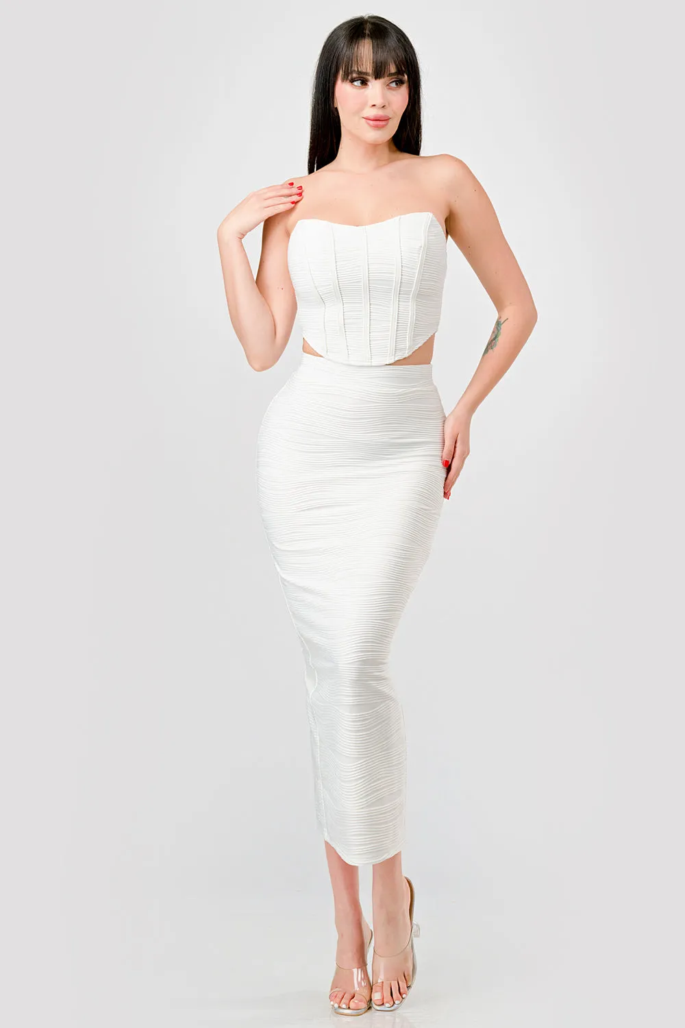 LUXE TEXTURE KNIT BUSTIER & MAXI SKIRT SET sold by privy