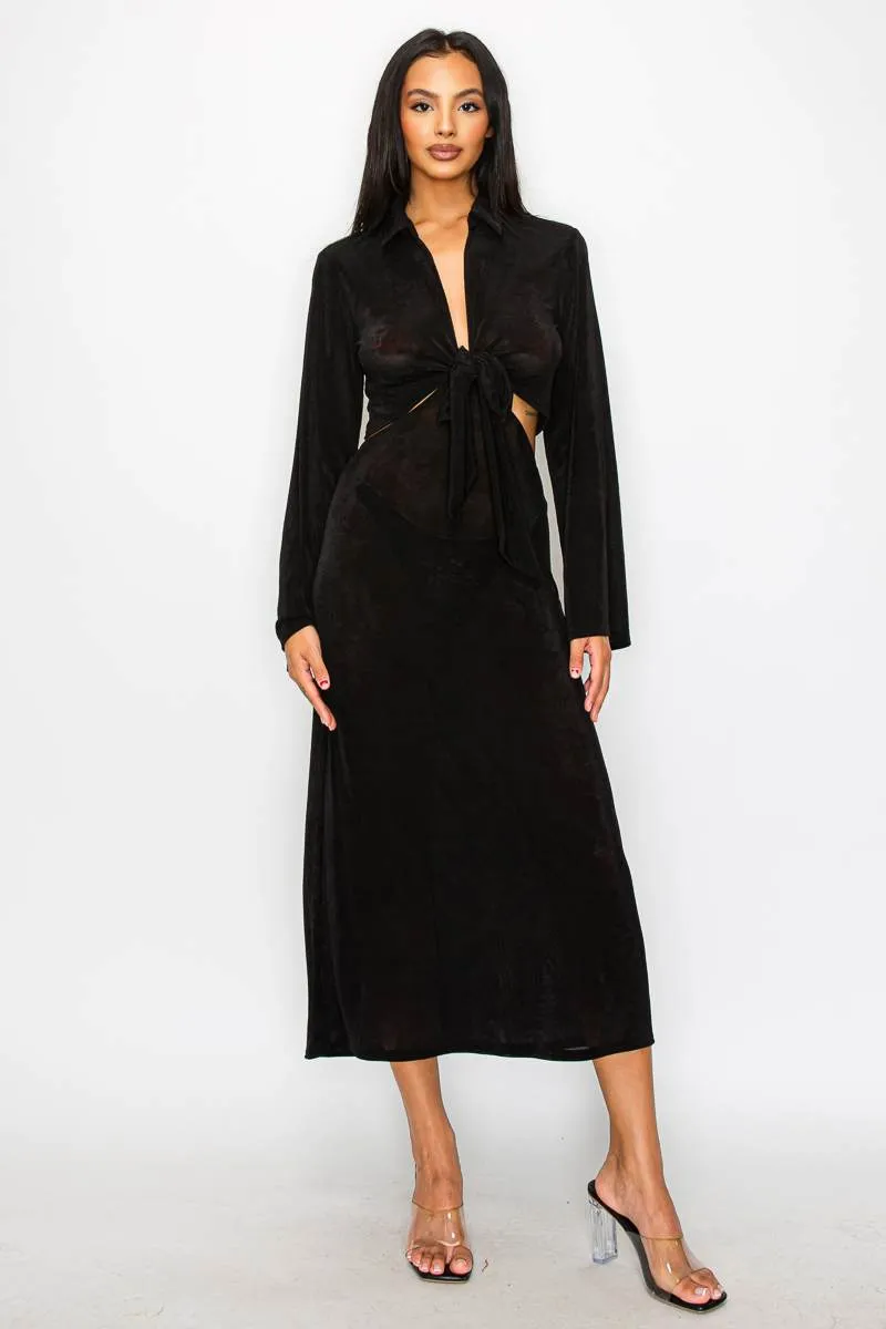 COLLARED FRONT KNOT TIE CUTOUT WAIST MAXI DRESS sold by privy product image thumbnail 4