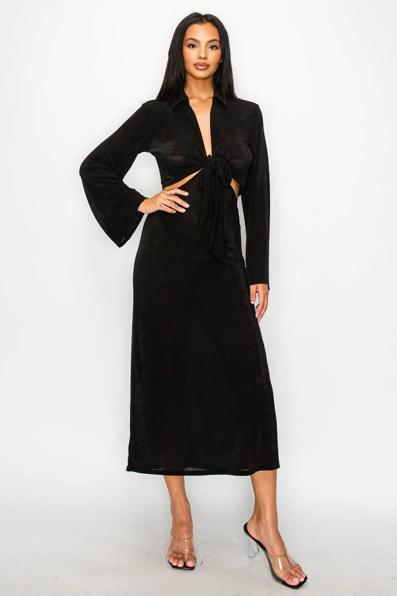 COLLARED FRONT KNOT TIE CUTOUT WAIST MAXI DRESS sold by privy