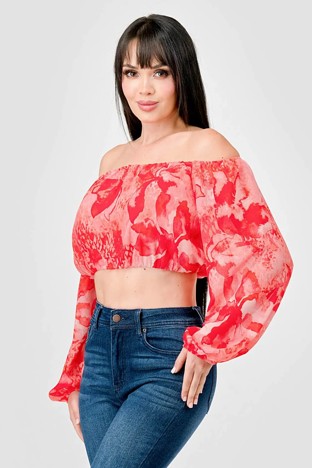 FLORAL CHIFFON PRINT OFF SHOULDER W/ LONG SLV TOP sold by privy product image thumbnail 3