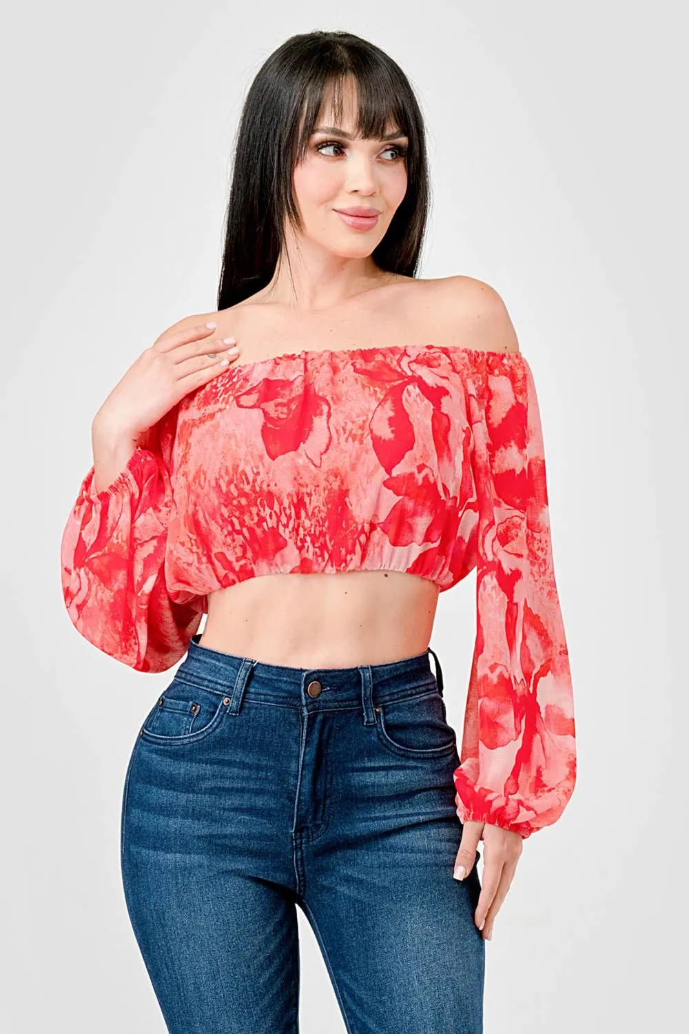 FLORAL CHIFFON PRINT OFF SHOULDER W/ LONG SLV TOP sold by privy