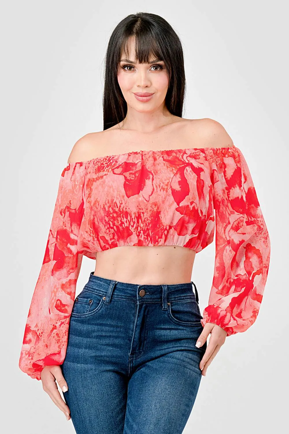 FLORAL CHIFFON PRINT OFF SHOULDER W/ LONG SLV TOP sold by privy product image thumbnail 2