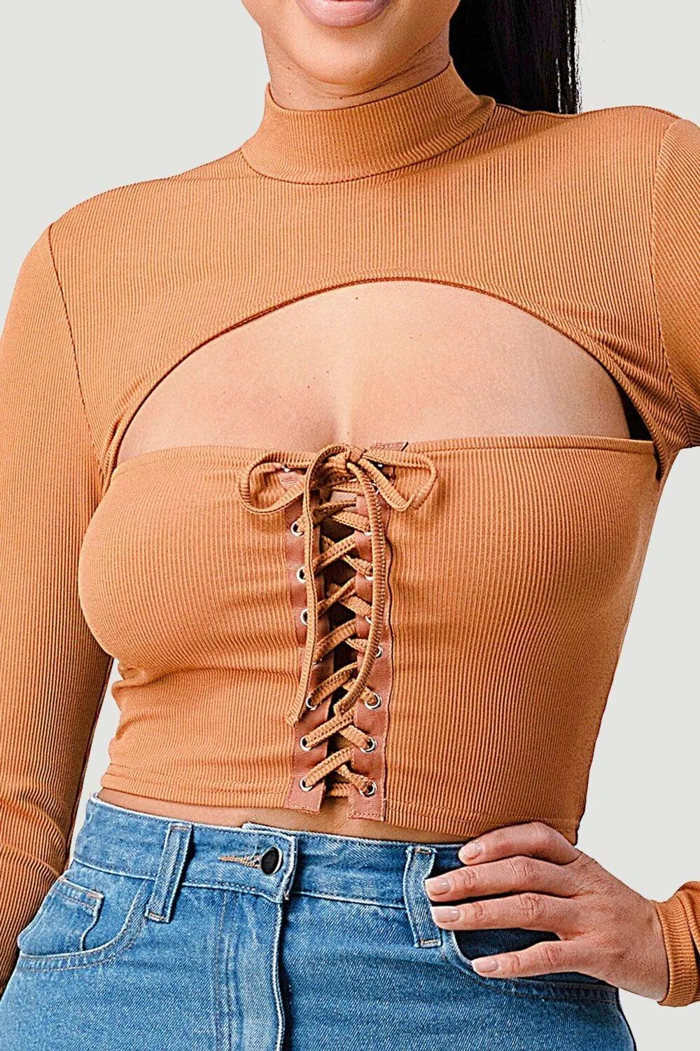 FRONT LACE-UP CUT-OUT MOCK NECK CROPPED TOP sold by privy product image thumbnail 5